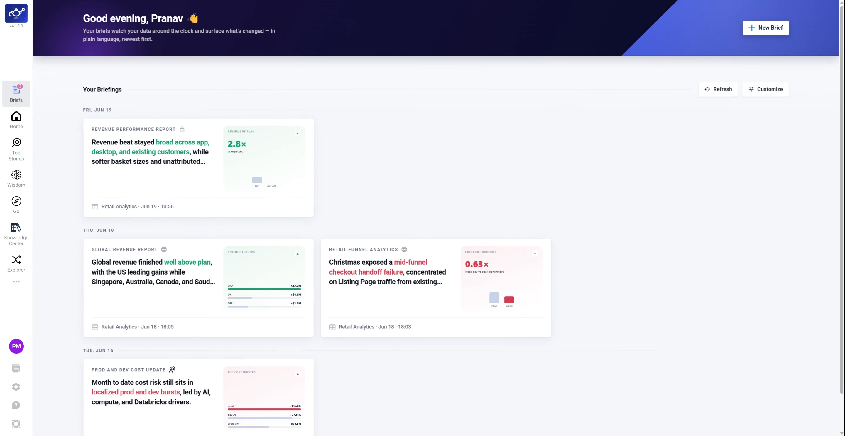 Opening a Brief from the feed to view the top-level summary
